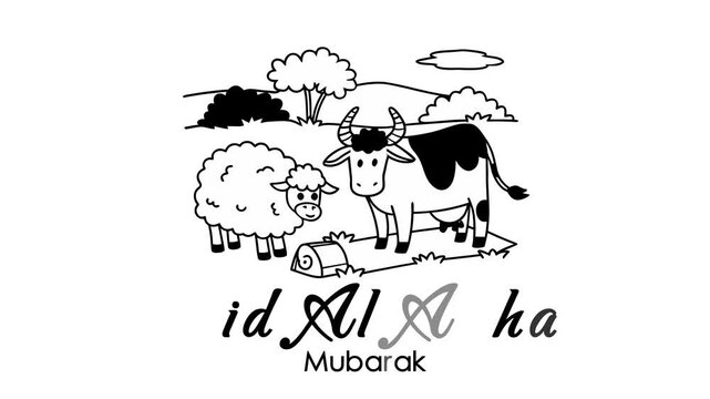 Eid Al Adha Mubarak greeting with sheep and cow illustration