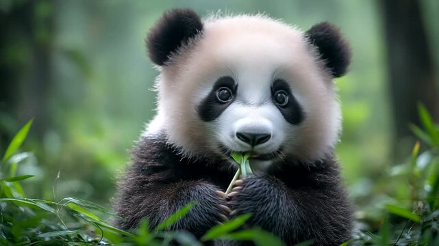 Playful panda munching on bamboo in a lush green forest setting