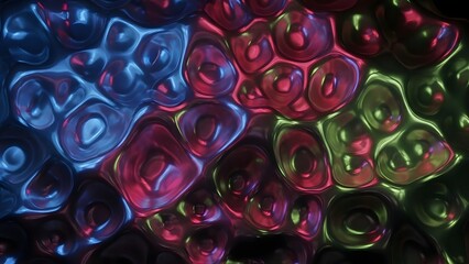 Abstract cellular or molecular structure with glowing, iridescent bubbles in vibrant blue, pink, and green hues, scientific texture