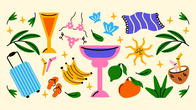 Cartoon summer sticker pack in retro 90s style. Beach vibes, sun, swimwear, party mood and vacation energy. Bright groovy funky elements for labels and stamps.