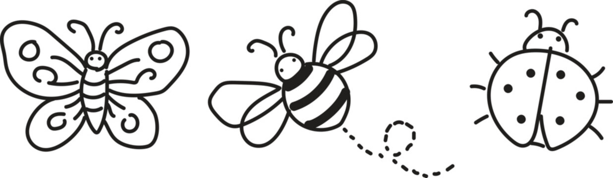 Cute black hand drawn line art illustration of butterfly, bee and ladybug