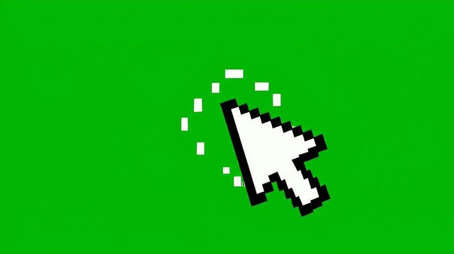Retro Pixel Art Cursor on Green Screen Background - A retro-style pixelated cursor arrow is prominently displayed against a vibrant green chroma key background.