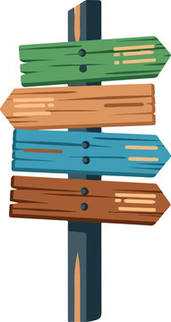 Colorful wooden directional signs pointing in different directions on a post