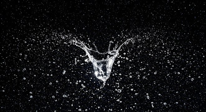 High-speed photograph of a dynamic water splash frozen in time against a black background.