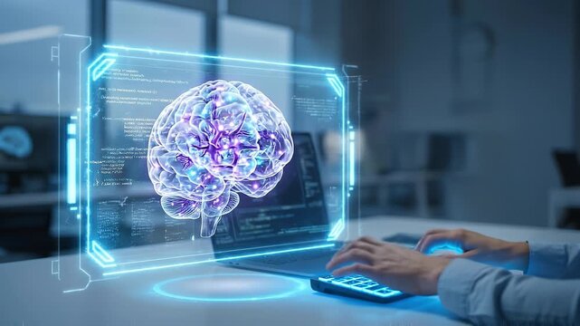 Holographic brain scan and neural hologram projected above laptop with developer hands typing code keyboard, glowing cortex synapses and digital interface panels conveying futuristic AI technology