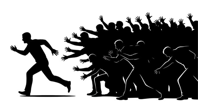 Man Running From Aggressive Crowd Silhouette Concept of Social and Public Pressure