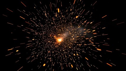 Explosion of bright orange sparks and embers against a deep black background.