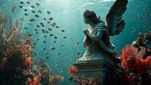 Underwater statue with fish and coral
