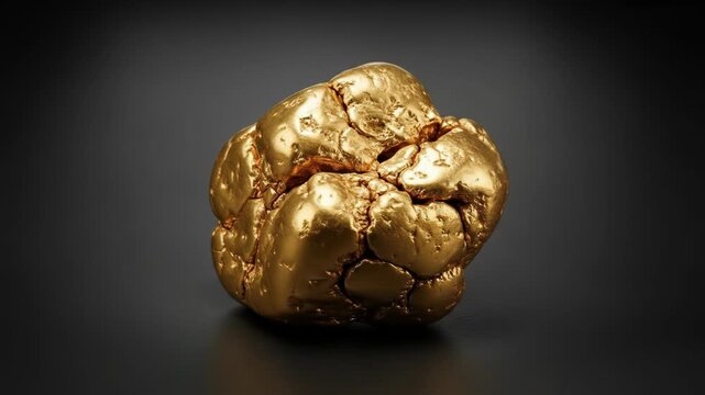 A large, irregularly shaped gold nugget with a rough, cracked surface