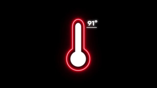 Glowing Red Thermometer with 91 Degrees Temperature Reading on Black Background heat weather climate