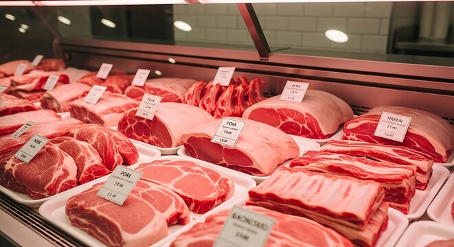 Fresh meat selection in display case for culinary purposes