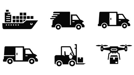 Logistics and delivery icons ship truck forklift drone for shipping transport