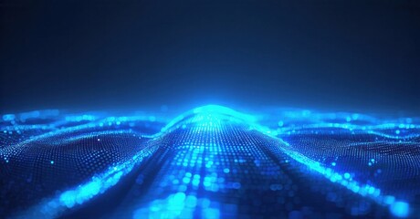 Fototapeta na wymiar Abstract digital landscape. Glowing blue particles form undulating waves, creating futuristic terrain. Dark background emphasizes bright illumination.