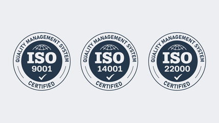 Obraz premium ISO 9001 14001 22000 Quality Management System Certified Badges, Official Corporate Standards Compliance Icons for Business Credibility