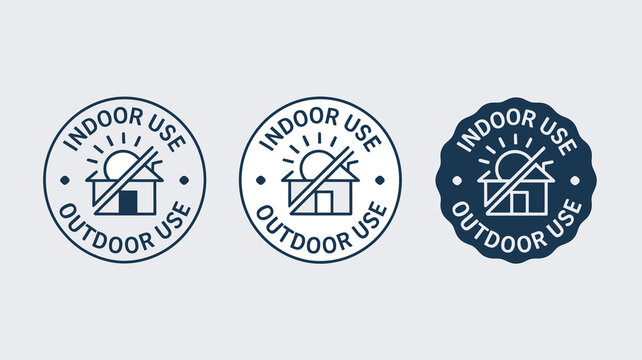 Indoor and Outdoor Use Only Warning Labels, Product Specification Icons for Weather Resistance and Appliance Usage Environment Guidelines