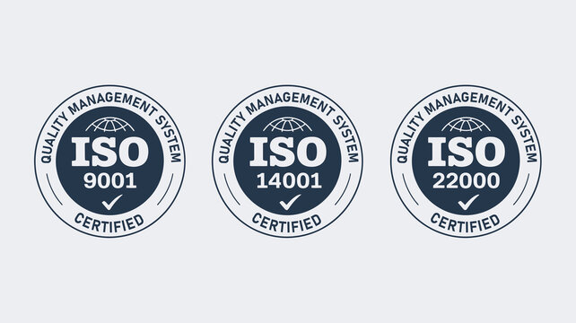 ISO 9001 14001 22000 Quality Management System Certified Badges, Official Corporate Standards Compliance Icons for Business Credibility