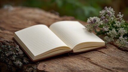 Open lined notebook on rustic wood with wildflowers inspiring creativity in nature