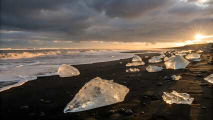 Volcanic black sand beach scattered with crystal-clear ice chunks shaped like diamonds, low winter sun creating golden reflections, moody cloudy sky, high contrast landscape.