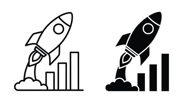 Business startup growth concept represented by a rocket launching above ascending bar charts in dual icon styles