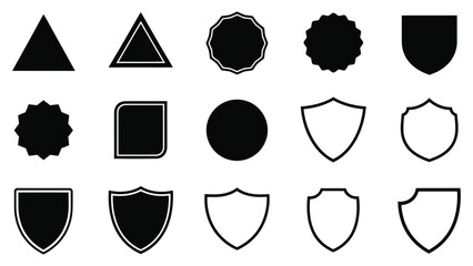 Set of black shapes triangle circle shield starburst square badge symbols