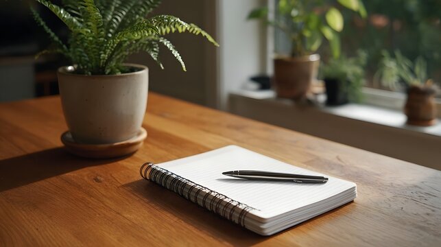 A spiral notebook and pen rest on a wooden desk bathed in soft natural light from a window with plants