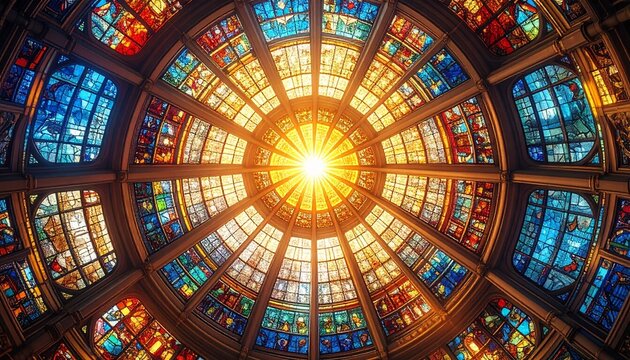 Radiant Stained Glass Ceiling &ndash; Circular Mosaic with Multicolor Light, Cathedral Interior Architecture Photography