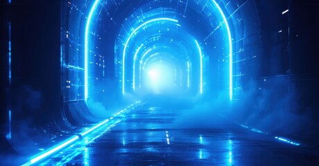Fototapeta premium Futuristic tunnel glows brightly. Blue light dominates scene, creating dramatic perspective. Fog adds mystery, depth.
