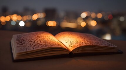 An open book with illuminated pages and intricate patterns rests on a ledge against a bokeh city skyline at dusk