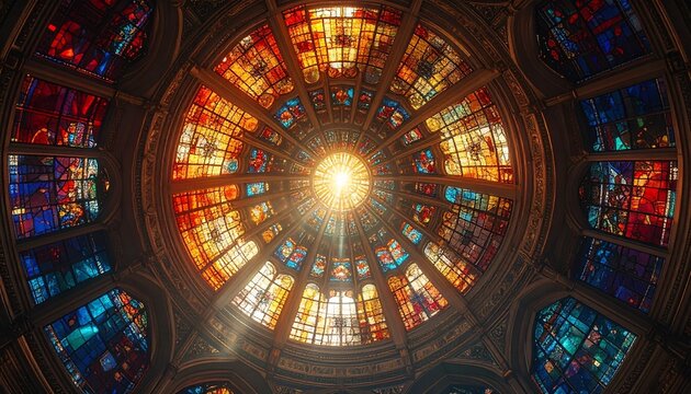 Radiant Stained Glass Ceiling &ndash; Circular Mosaic with Multicolor Light, Cathedral Interior Architecture Photography