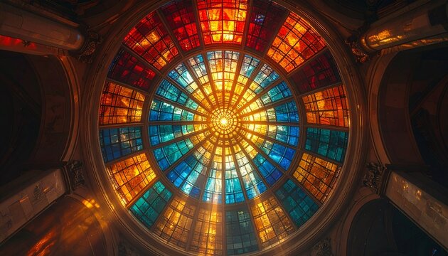 Radiant Stained Glass Ceiling &ndash; Circular Mosaic with Multicolor Light, Cathedral Interior Architecture Photography