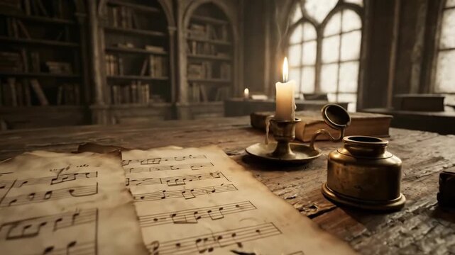 Ancient library interior illuminated by soft light Bookshelves line the walls A candle flickers beside an inkwell Old script covers a table