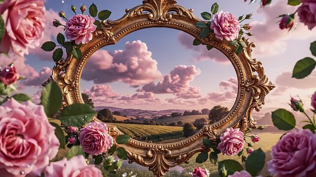 Ornate gold oval frame surrounded by lush roses, revealing a dreamy pastoral landscape beyond