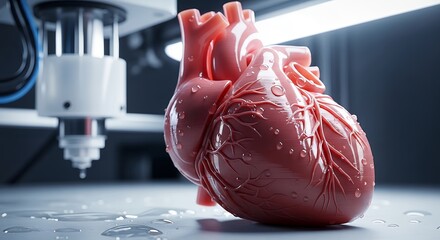 3D Printed Heart Model with Water Droplets and Advanced Printer Nozzle in Lab Setting