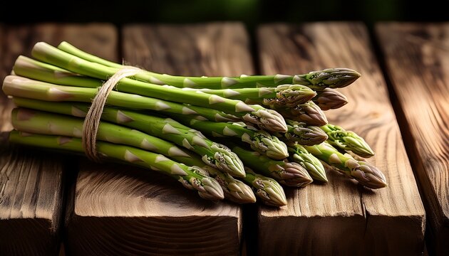 a bundle of fresh asparagus neatly displayed on a rustic wooden tree stand
