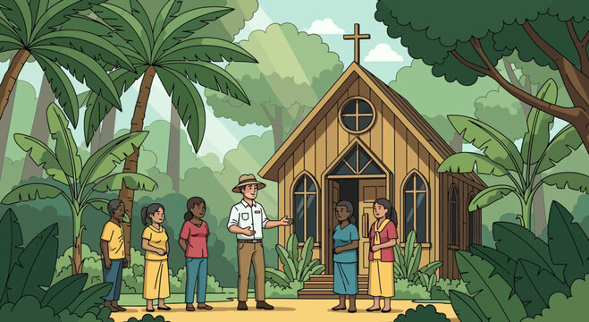 Diverse group of people gathered in front of a small wooden church.