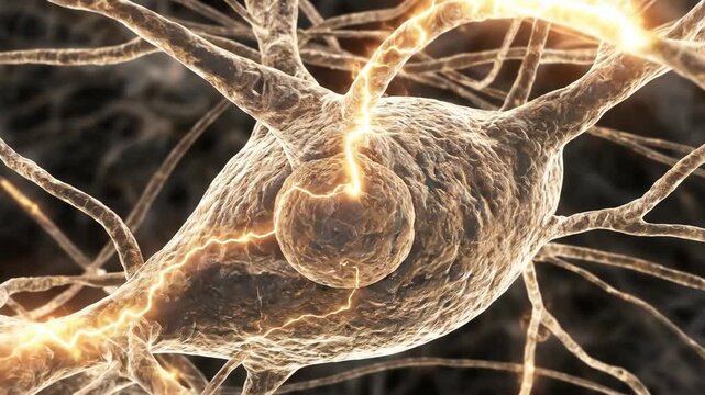 A detailed close up of a biological neuron firing with electrical impulses illuminating its intricate network of dendrites and axons creating a visual representation of thought and consciousness