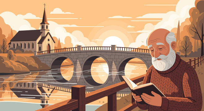 Elderly Man Engaged in Reading a Book with Serene Expression.