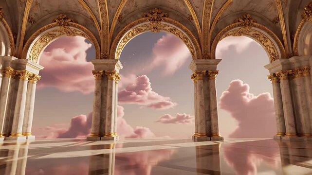 Ornate Golden Cathedral Hall with Arched Porticoes and Skyward Vista Through Colonnades