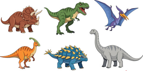 iColorful Dinosaur Collection Set Including T Rex Triceratops Stegosaurus Brachiosaurus and Pterodactyl Prehistoric Vector Illustration Bundle © MdNipon
