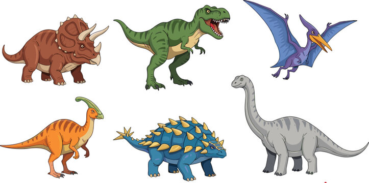 iColorful Dinosaur Collection Set Including T Rex Triceratops Stegosaurus Brachiosaurus and Pterodactyl Prehistoric Vector Illustration Bundle