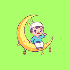 Muslim Boy Praying on Crescent Moon Ramadhan