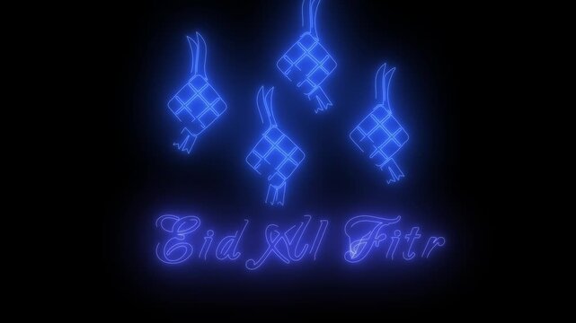 Neon blue Eid Al Fitr greeting with glowing ketupat symbols