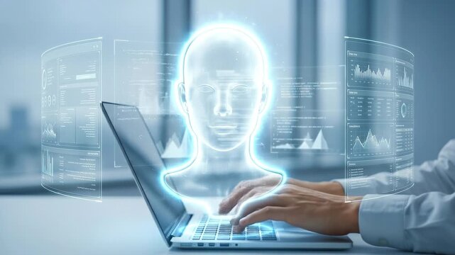 Glowing holographic human head hologram laptop data dashboard analytics futuristic glowing AI hologram head laptop keyboard data dashboard code overlay futuristic interface holographic display