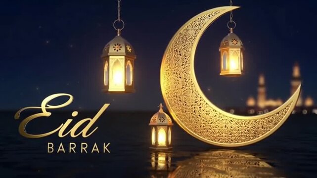 Crescent moon with lanterns on Eid celebration at night in a mosque background for greeting card
