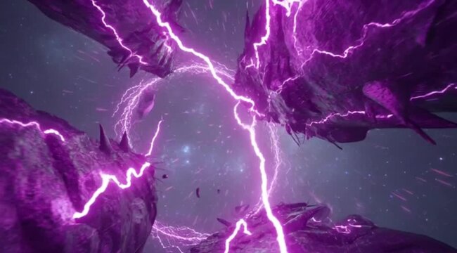 Abstract Purple Lightning Storm Portal Vortex Motion In Space With Rocky DebrisStock Footage