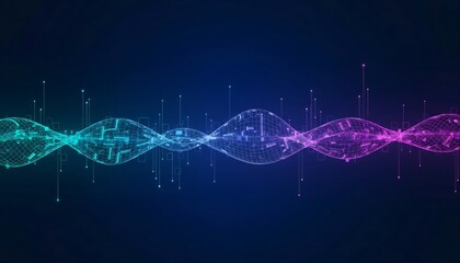 Abstract digital data wave with glowing AI technology network and big data flow on futuristic blue and purple background