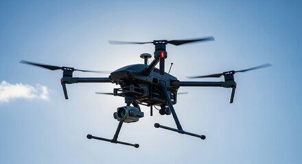 Professional Drone with Camera Flying in Clear Blue Sky Technology Concept