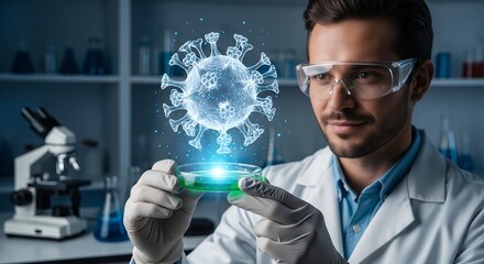 Scientist examines holographic virus in laboratory setting with petri dish
