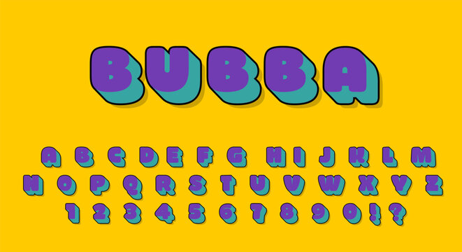 Bubba Bubble 3D Font - Purple Teal Rounded Alphabet with Black Outline