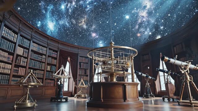 Ornate Victorian-era Observatory Workshop Displaying Brass Telescopes and Armillary Spheres Under a Starry Cosmic Ceiling